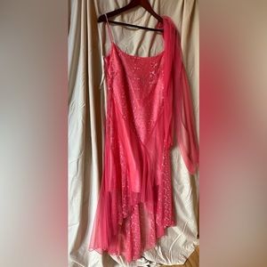 Brand is Fiesta. Mini coral pink satin dress under hi low veil